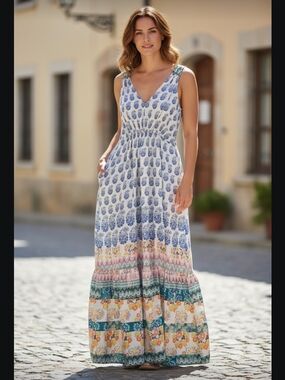 Anthropologie White Maxi Dress with Blue Floral and Multicolor Border